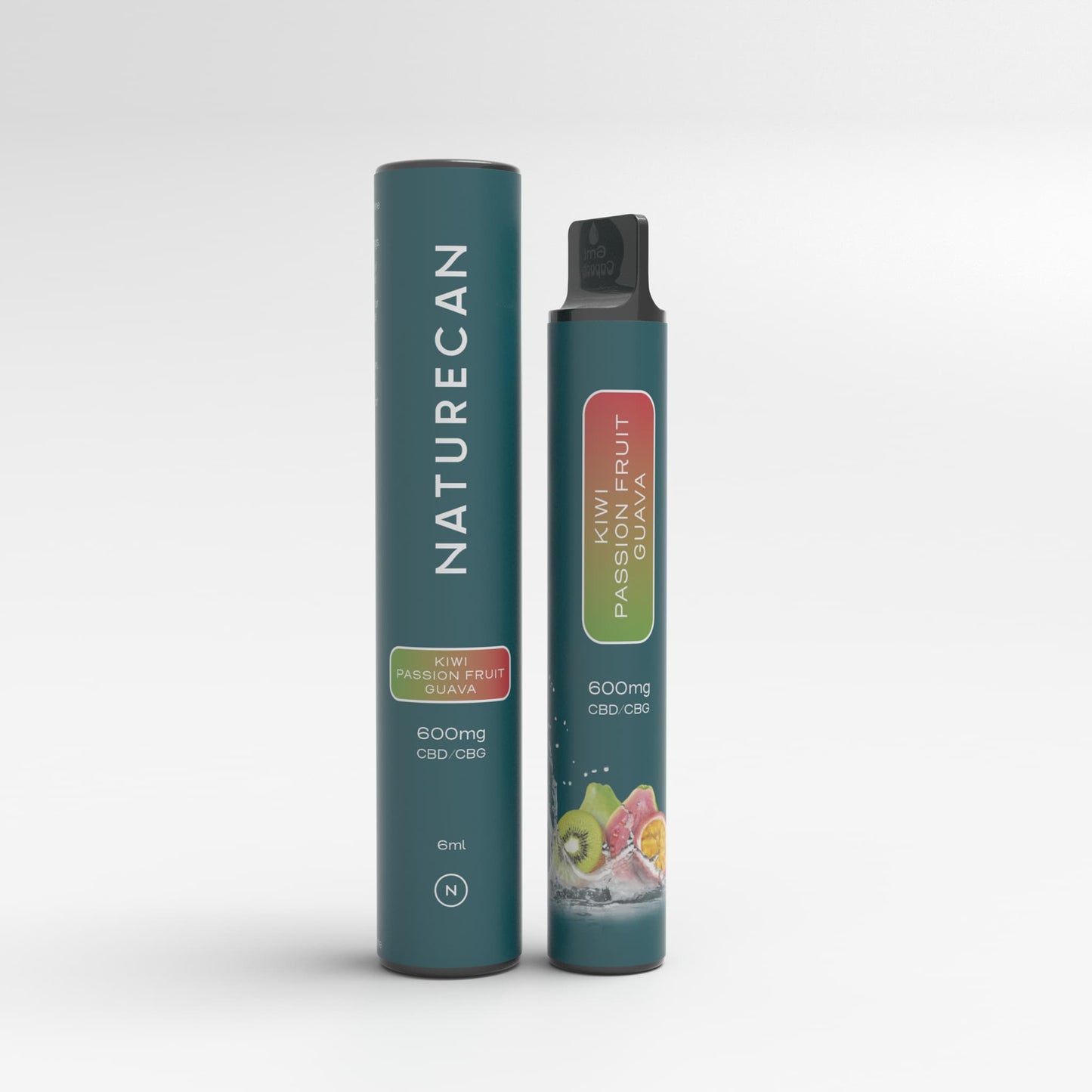 Jednorazowy vape Naturecan CBD/CBG w smaku Kiwi–Passionfruit–Guava, pokazany obok tuby ochronnej.