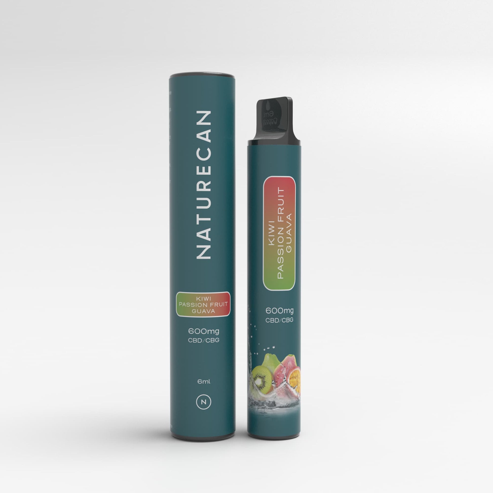 Jednorazowy vape Naturecan CBD/CBG w smaku Kiwi–Passionfruit–Guava, pokazany obok tuby ochronnej.