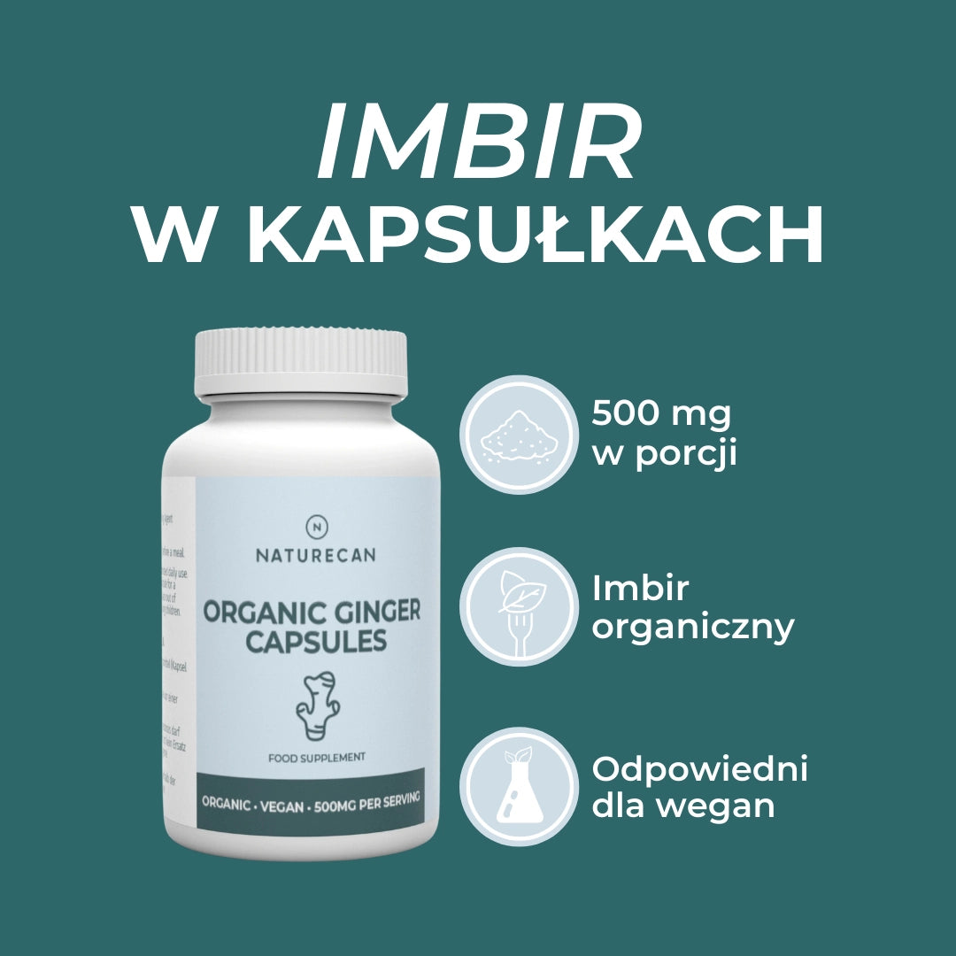 Kapsułki z imbirem Naturecan – 500 mg na porcję, organiczny imbir, formuła wegańska