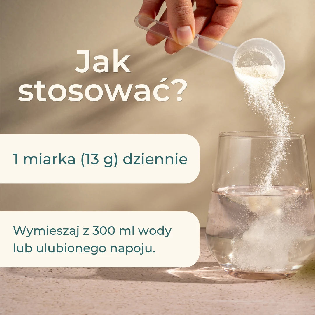 Jak stosować kolagen w proszku Naturecan – jedna miarka 13 g dziennie, wymieszana z 300 ml wody lub ulubionego napoju.