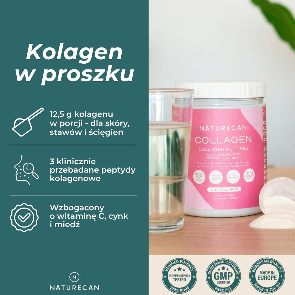 Kolagen w proszku Naturecan – 12,5 g peptydów kolagenowych w porcji, trzy przebadane kompleksy oraz witamina C, cynk i miedź.