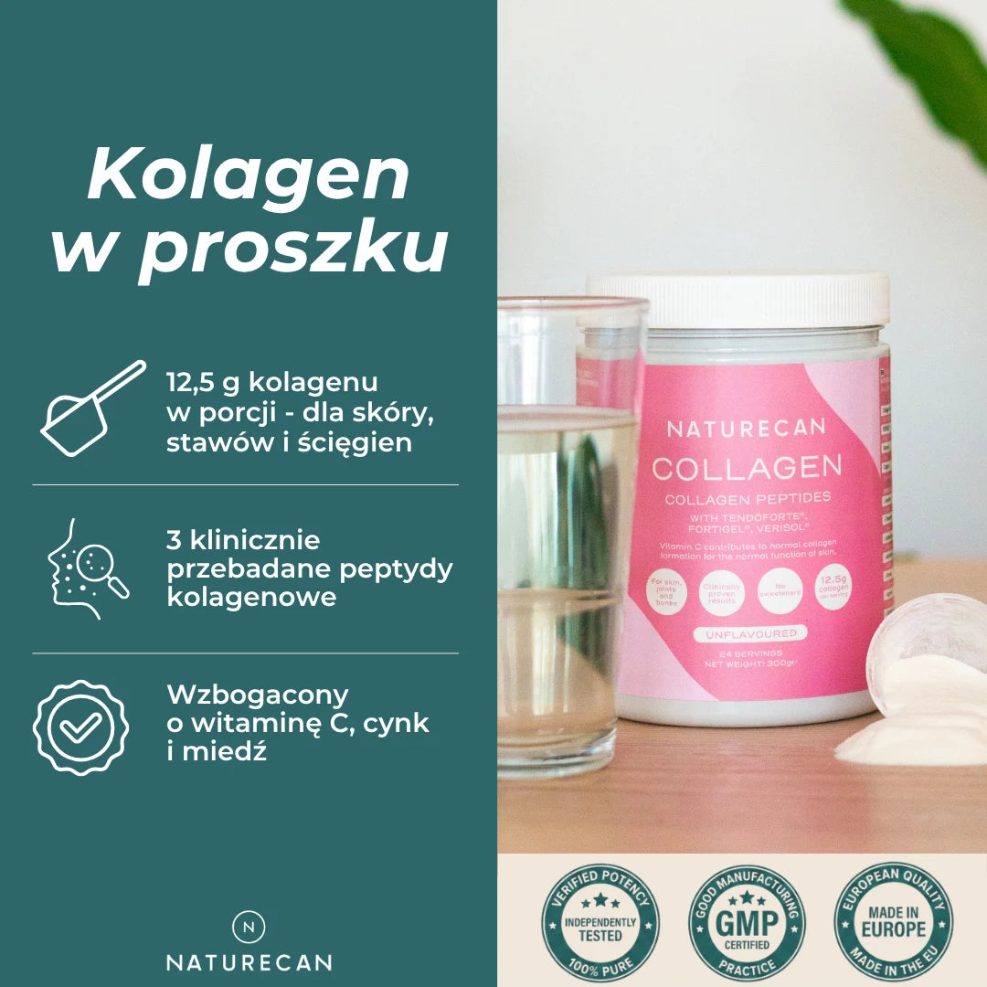 Kolagen w proszku Naturecan – 12,5 g peptydów kolagenowych w porcji, trzy przebadane kompleksy oraz witamina C, cynk i miedź.