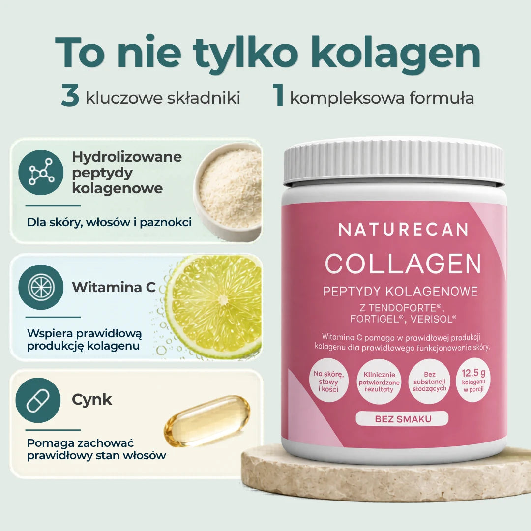Skład kolagenu Naturecan w proszku – hydrolizowane peptydy kolagenowe, witamina C i cynk oraz ich funkcje w organizmie.