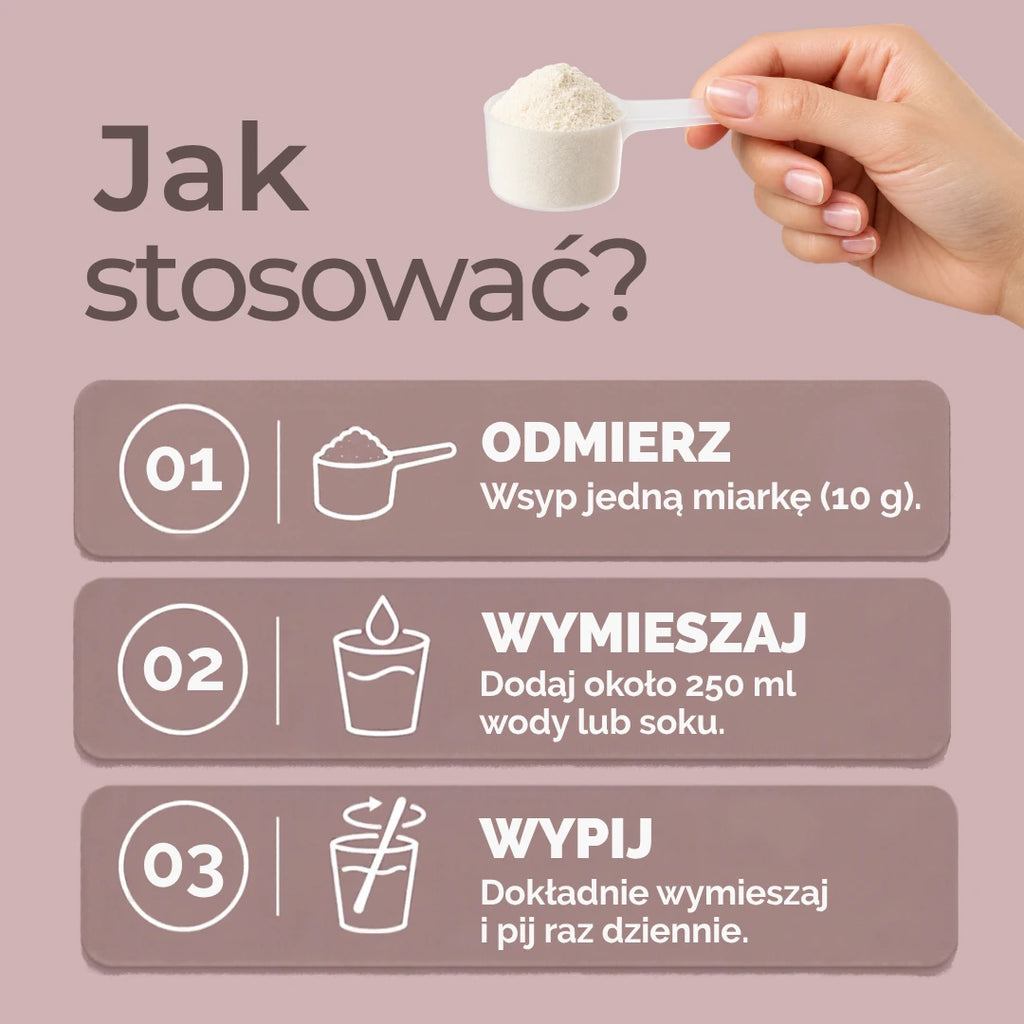 Jak stosować wegański kolagen VeCollal® – jedna miarka 10 g dziennie, wymieszana z 250 ml wody lub soku.