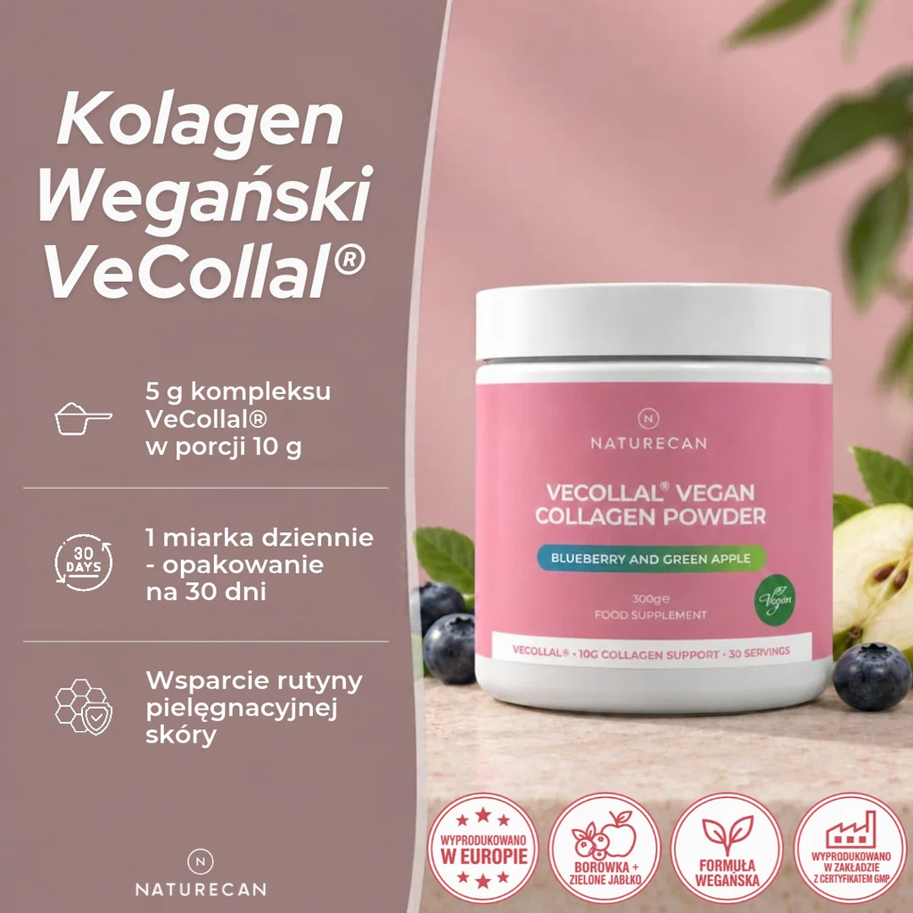 Kolagen wegański VeCollal® Naturecan w proszku o smaku borówki i zielonego jabłka – opakowanie 300 g, 30 porcji.