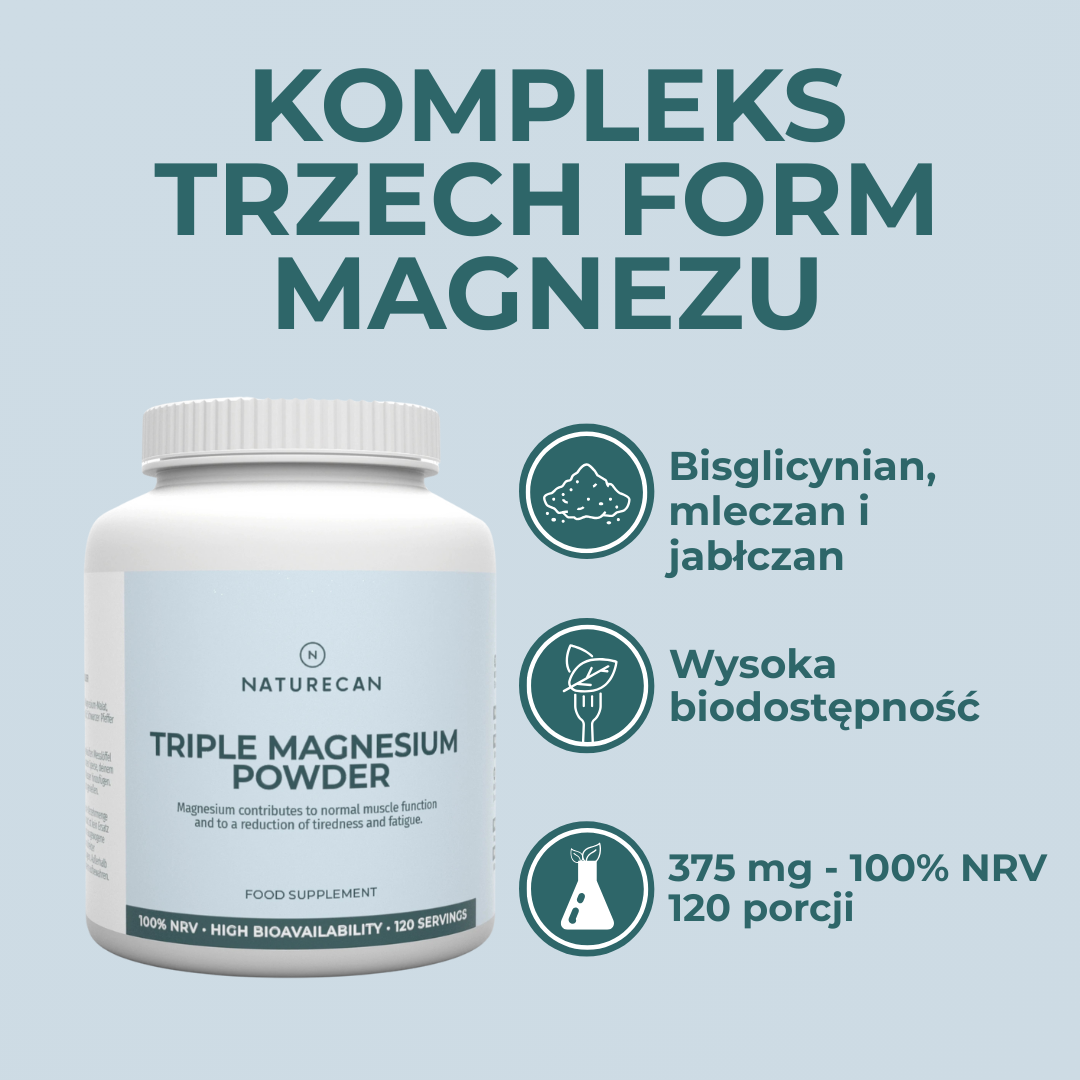 Potrójny magnez Naturecan w proszku – bisglicynian, jabłczan i mleczan magnezu o wysokiej biodostępności, 375 mg magnezu, 120 porcji