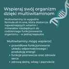 Infografika przedstawiająca korzyści stosowania multiwitamin, w tym wsparcie odporności, energii oraz zdrowia skóry, włosów i paznokci.