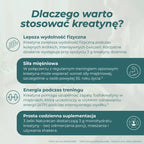 Infografika wyjaśniająca, co daje kreatyna – wpływ na wydolność podczas intensywnych ćwiczeń, rolę w odnawianiu ATP i zalety regularnej suplementacji.