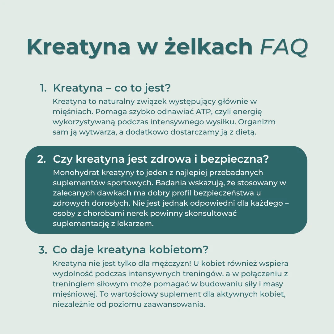 FAQ o kreatynie w żelkach – czym jest kreatyna, czy jest bezpieczna oraz jakie korzyści może przynosić kobietom.