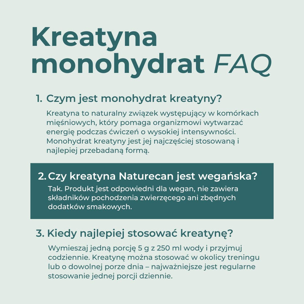 Najczęstsze pytania o kreatynę, dawkowanie, stosowanie i wegański skład