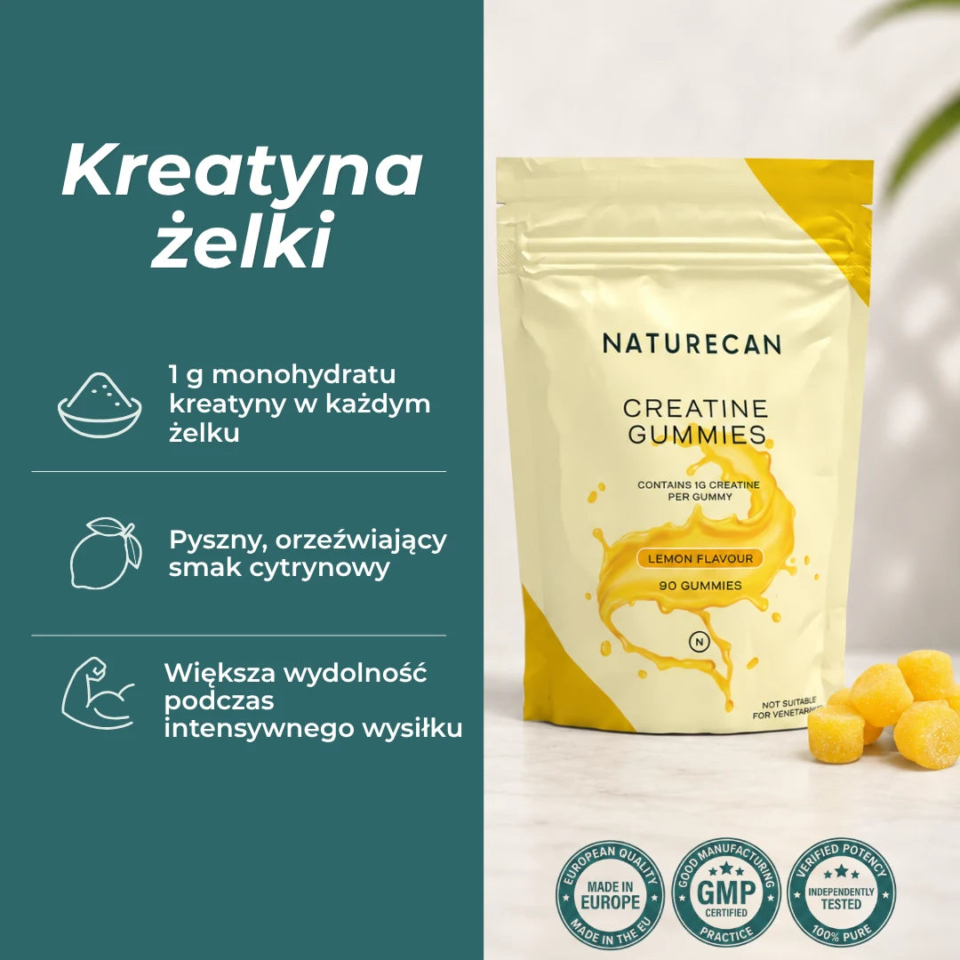 Kreatyna w żelkach Naturecan o smaku cytrynowym – 1 g monohydratu kreatyny w jednym żelku, wygodna forma suplementacji.