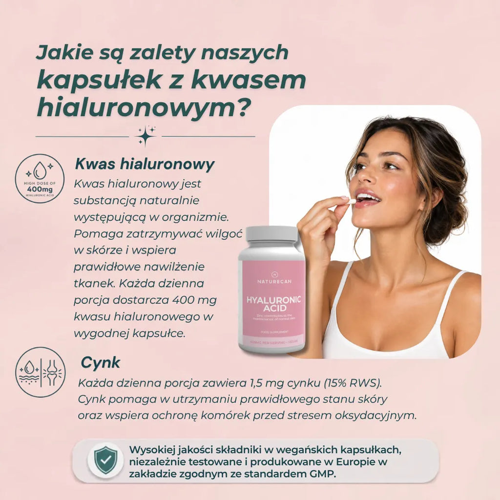 Kwas hialuronowy w kapsułkach – wsparcie nawilżenia skóry i cynk dla prawidłowego stanu skóry