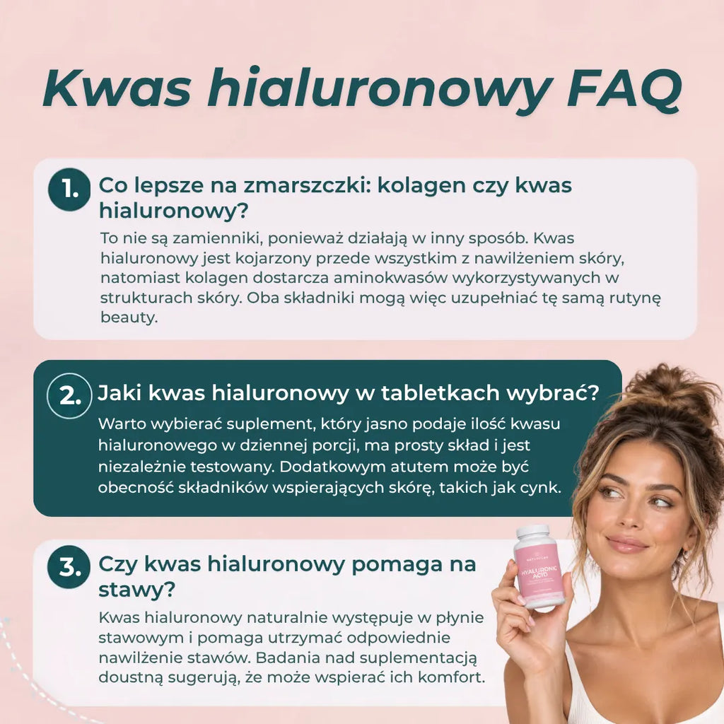 Kwas hialuronowy w tabletkach FAQ – porównanie działania z kolagenem, jakie tabletki wybrać, czy pomaga na stawy