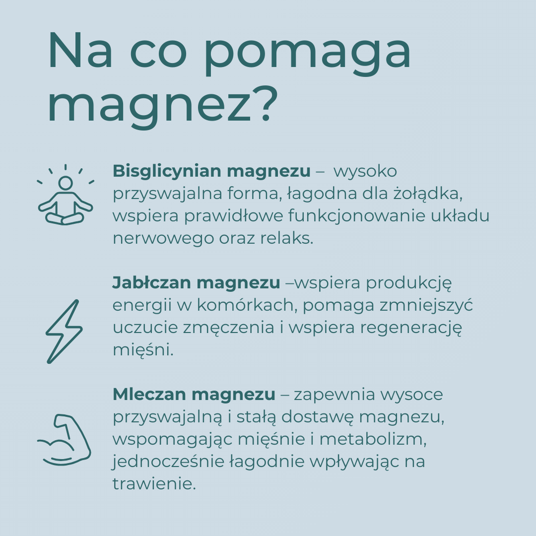 Rodzaje magnezu w suplemencie Naturecan – bisglicynian magnezu, jabłczan magnezu i mleczan magnezu oraz ich działanie
