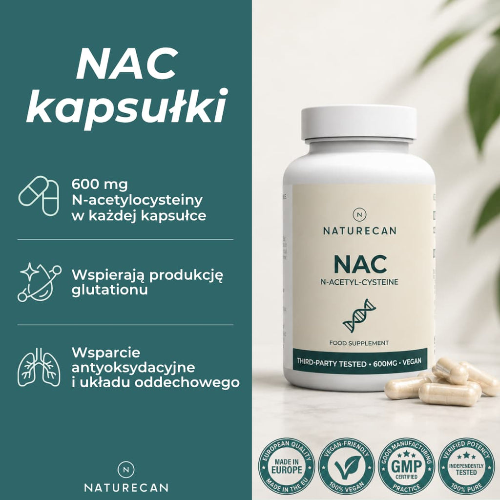 Kapsułki NAC Naturecan z 600 mg N-acetylocysteiny w każdej kapsułce