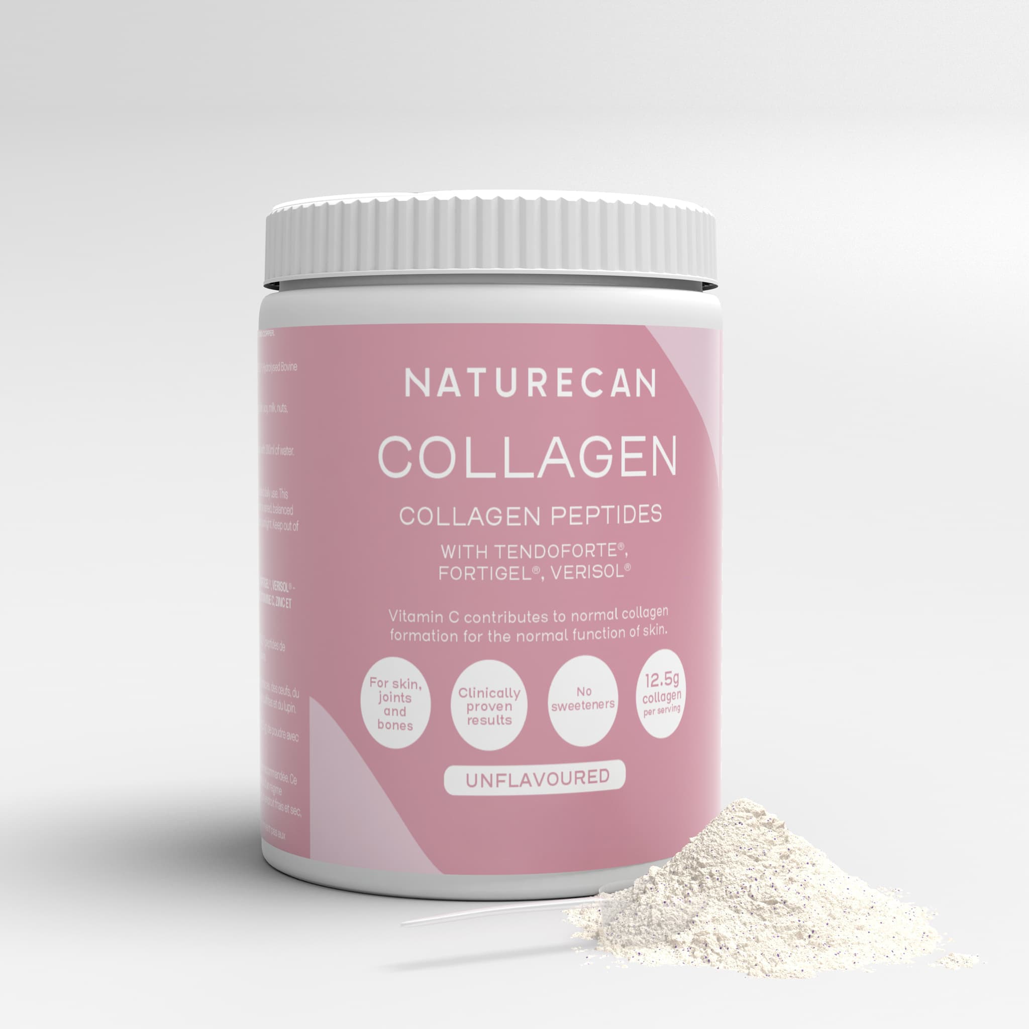 Pojemnik Naturecan Collagen Peptides Unflavoured z porcją kolagenowego proszku wysypaną obok opakowania.