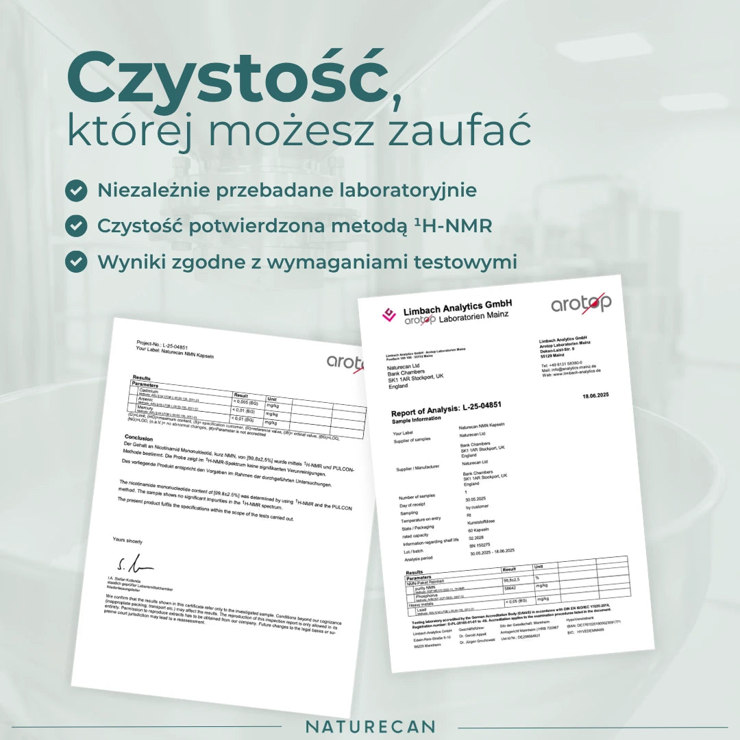 NMN Naturecan – czystość potwierdzona badaniami laboratoryjnymi i certyfikatem analizy COA