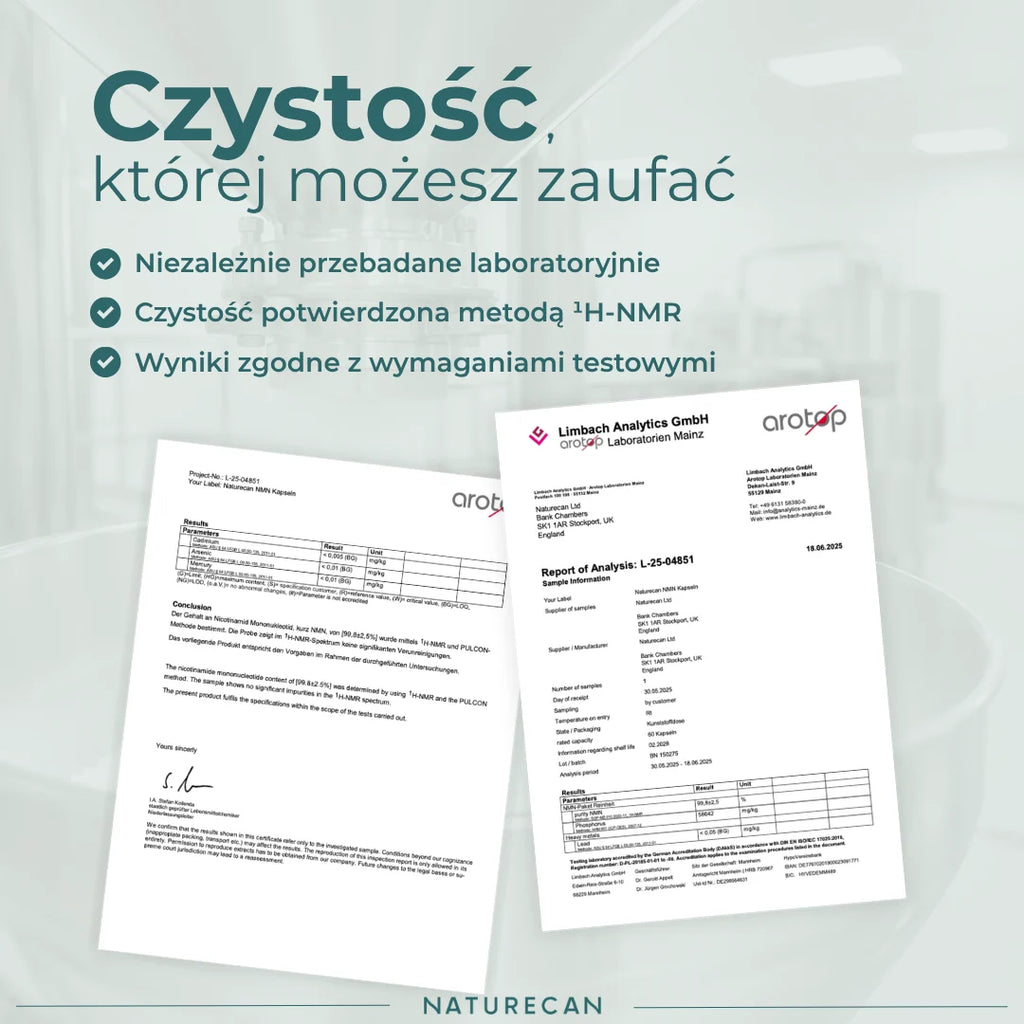 NMN Naturecan testowany laboratoryjnie – czystość potwierdzona metodą ¹H-NMR i certyfikat CoA