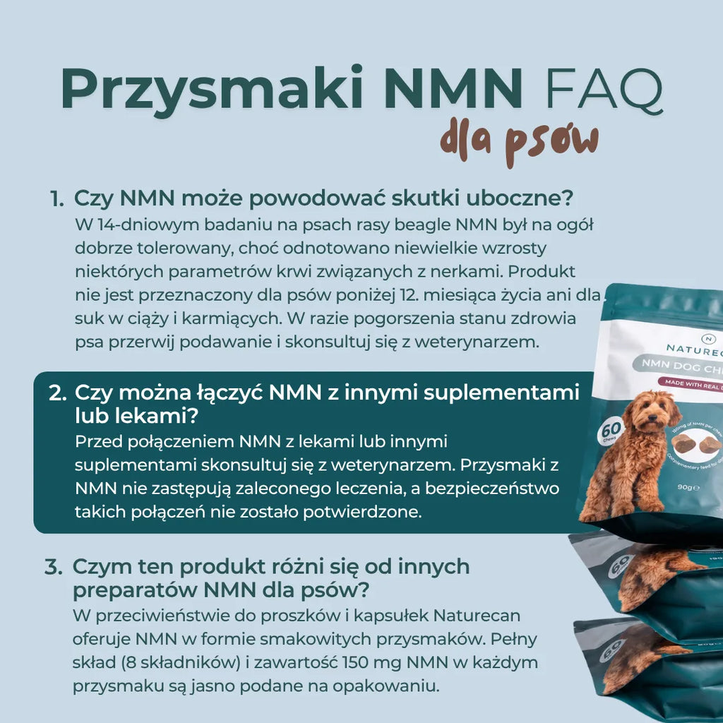 NMN dla psów – odpowiedzi na pytania o skutki uboczne, łączenie z innymi suplementami i cechy przysmaków Naturecan.