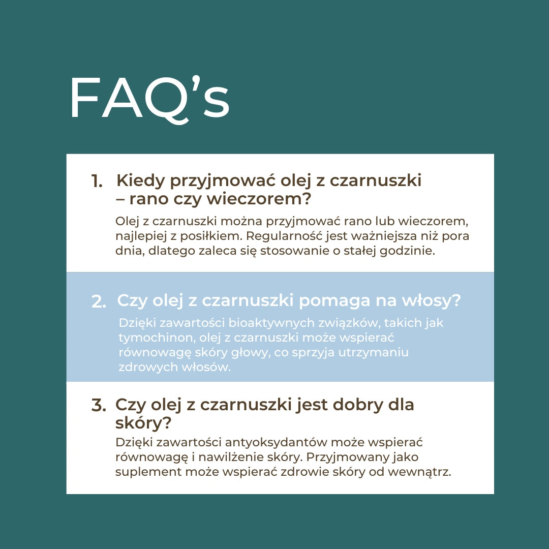 Olej z czarnuszki – najczęściej zadawane pytania: dawkowanie, wpływ na włosy i skórę