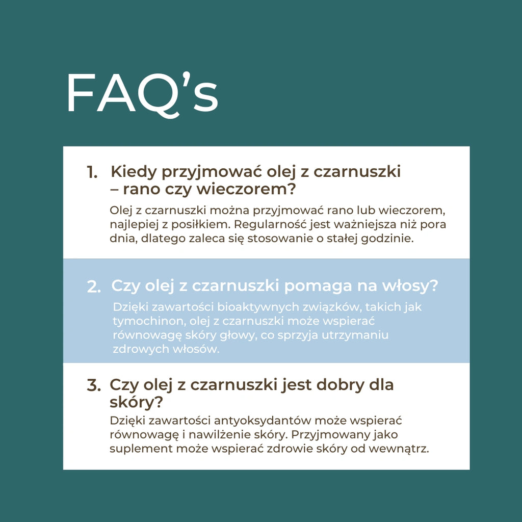 Olej z czarnuszki – najczęściej zadawane pytania: dawkowanie, wpływ na włosy i skórę