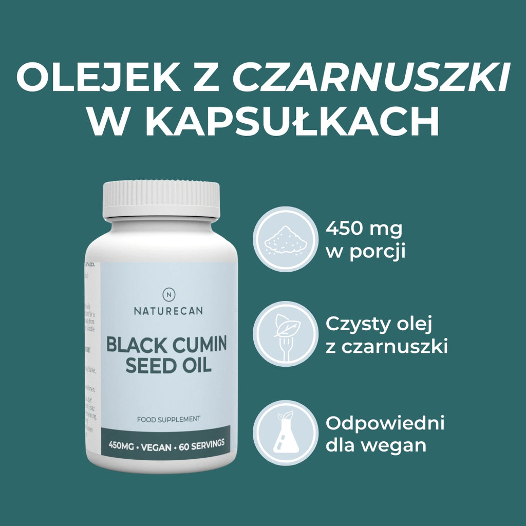 Olej z czarnuszki w kapsułkach 450 mg Naturecan – 60 porcji, tłoczony na zimno, formuła wegańska