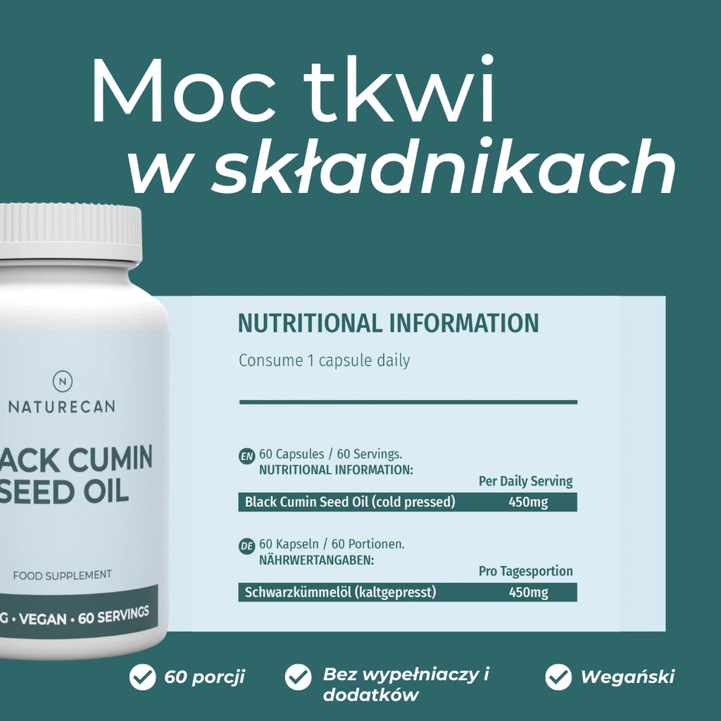 Olej z czarnuszki 450 mg w kapsułkach – skład, 60 porcji, bez wypełniaczy, produkt wegański