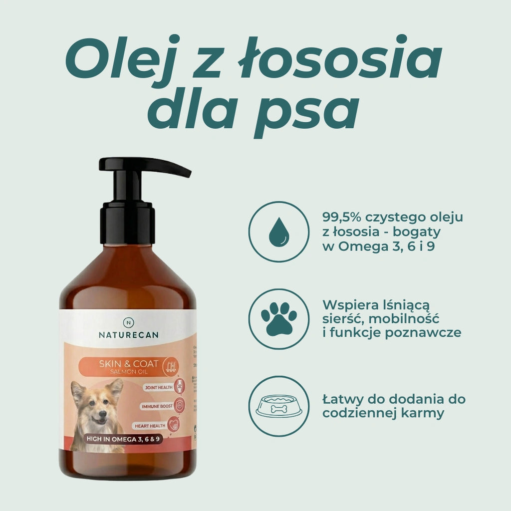 Olej z łososia dla psa Naturecan, 99,5% czystego oleju, Omega 3, 6 i 9 oraz dawkowanie 1 pompka na 5 kg
