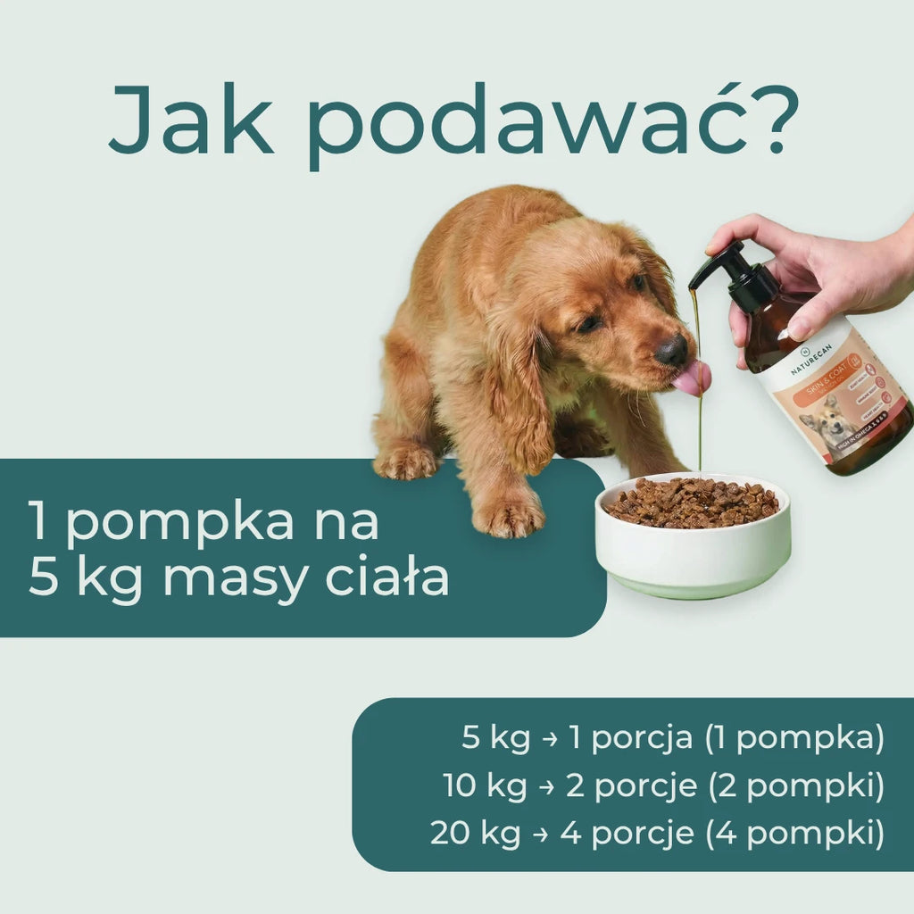 Dawkowanie oleju z łososia dla psa: 1 pompka na każde 5 kg masy ciała