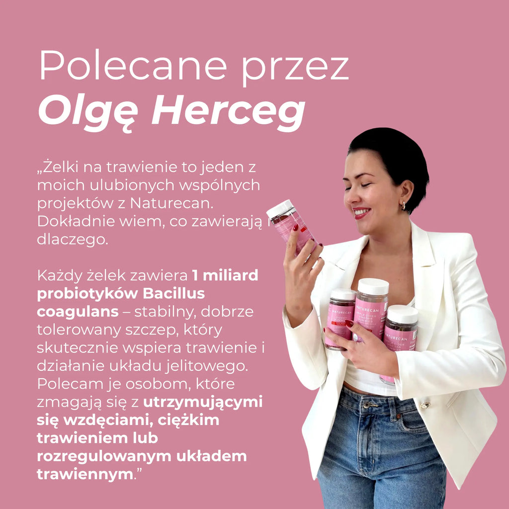 Olga Herceg trzyma opakowania żelków na trawienie Naturecan i poleca produkt wspierający komfort trawienny.
