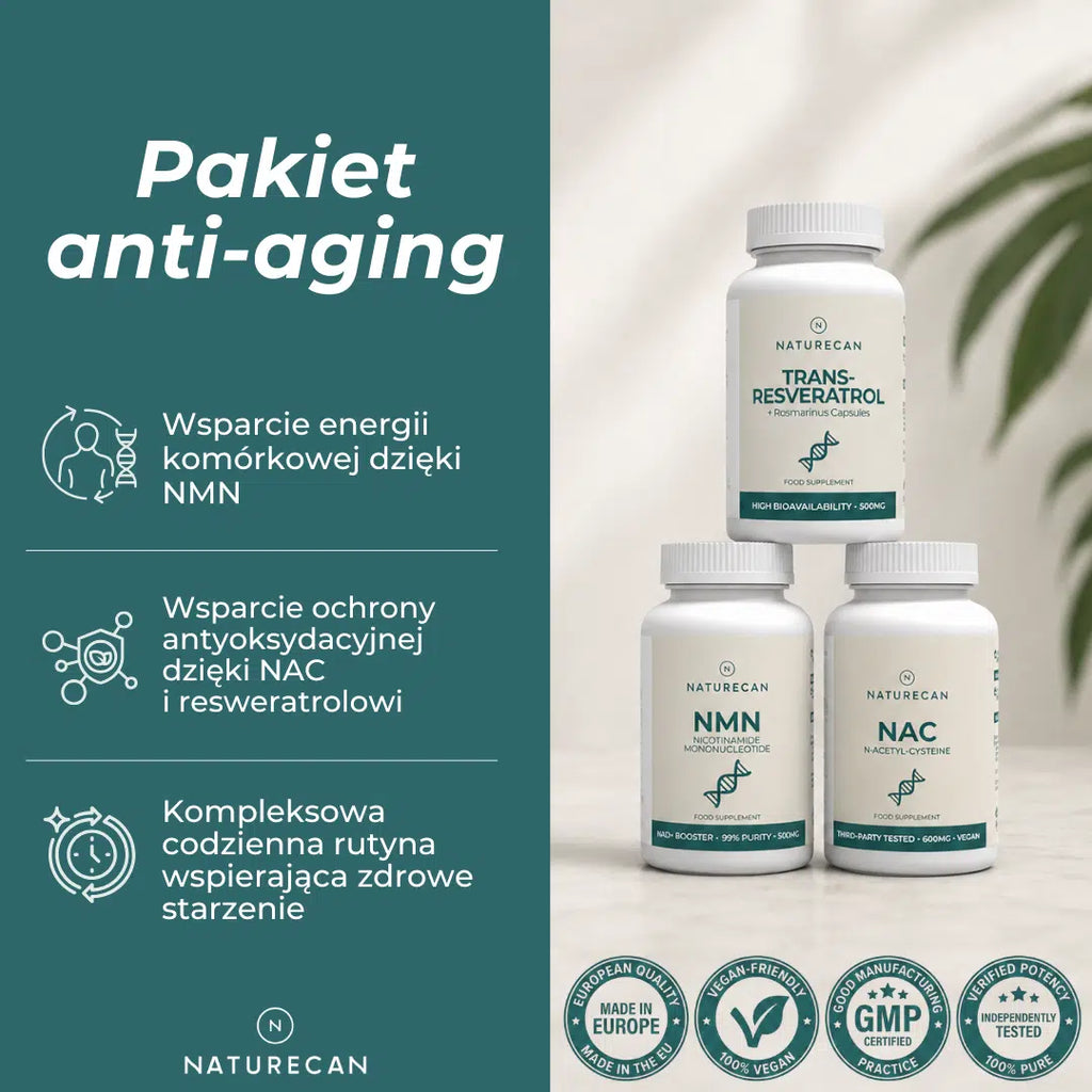 Pakiet anti-aging Naturecan z NMN, NAC i resweratrolem wspierający energię komórkową, ochronę antyoksydacyjną i zdrowe starzenie