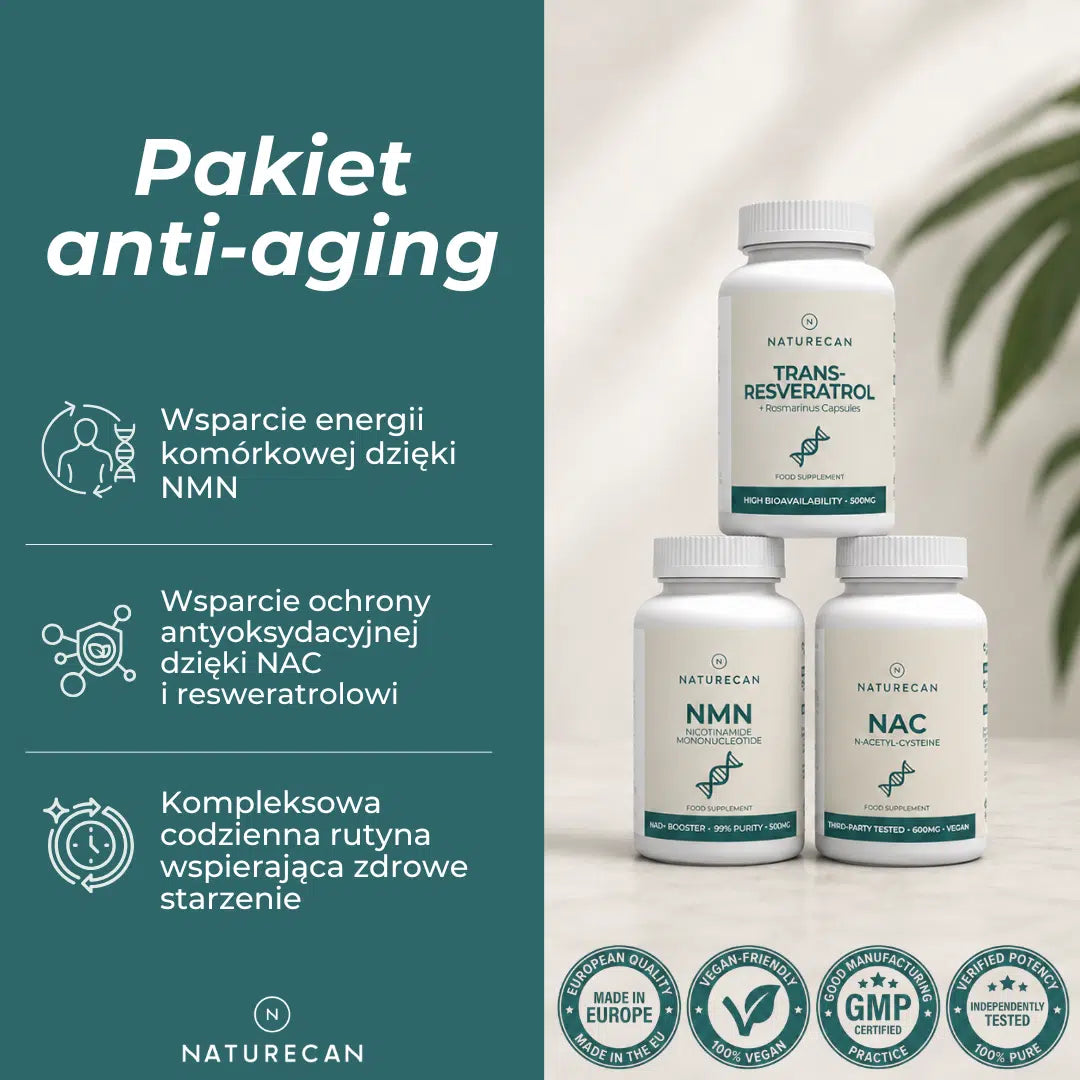 Pakiet anti-aging Naturecan z NMN, NAC i resweratrolem wspierający energię komórkową, ochronę antyoksydacyjną i zdrowe starzenie