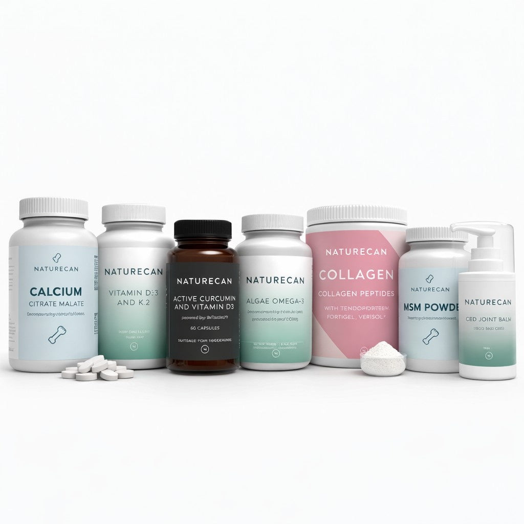 Pakiet Premium na Stawy i Kości Naturecan z wapniem, witaminami D3 i K2, kolagenem, MSM, kurkuminą, omega-3 i balsamem CBD