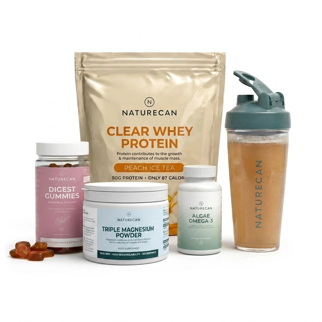 Pakiet Wsparcia GLP-1 Naturecan z Clear Whey o smaku brzoskwiniowej herbaty mrożonej, magnezem, omega-3 i żelkami na trawienie