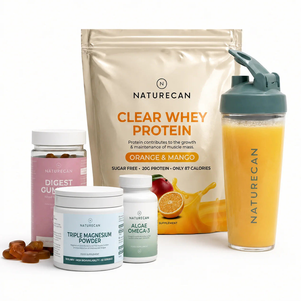 Pakiet Wsparcia GLP-1 Naturecan z Clear Whey o smaku pomarańczy i mango, magnezem, omega-3 i żelkami na trawienie