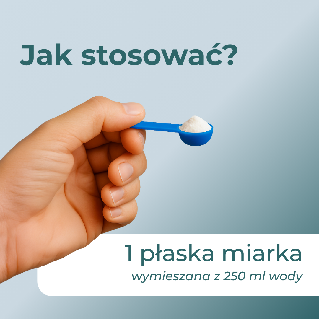 Jak stosować potrójny magnez w proszku – jedna miarka suplementu rozpuszczona w 250 ml wody lub koktajlu