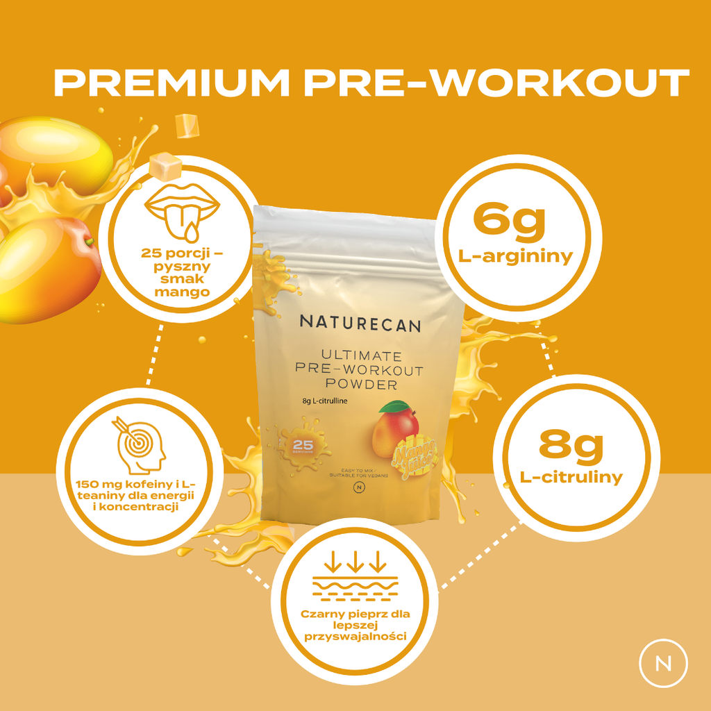 Pre Workout Mango Raspberry Pre-Workout - o smaku mango - 25 porcji – Naturecan PL