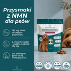 Przysmaki NMN dla psów Naturecan – 150 mg NMN w każdym przysmaku, mięso kaczki i przeznaczenie dla dorosłych psów.