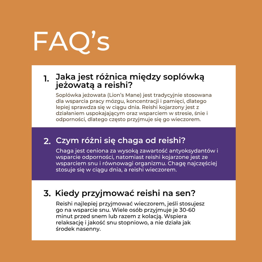 Reishi FAQ – kiedy stosować, różnice z lion’s mane i chaga