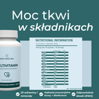 Tabela składu multiwitamin Naturecan pokazująca witaminy, minerały, dzienne porcje oraz wysoką biodostępność składników.
