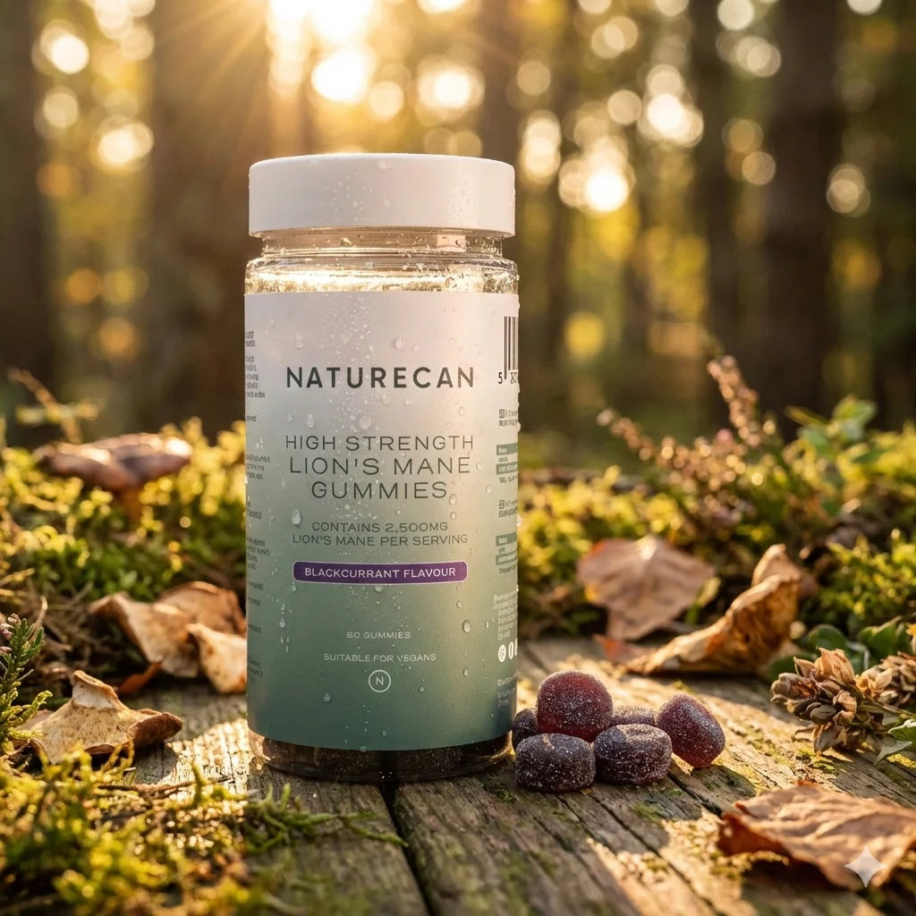 Naturecan Lion’s Mane Gummies 2500 mg o smaku czarnej porzeczki, opakowanie stojące na drewnie w leśnym otoczeniu w promieniach słońca