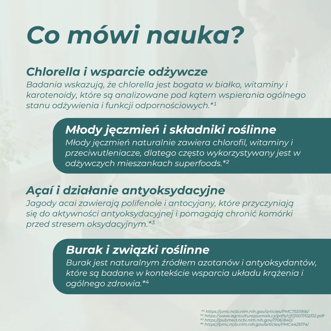 superfoods w proszku działanie składników chlorella jęczmień acai burak