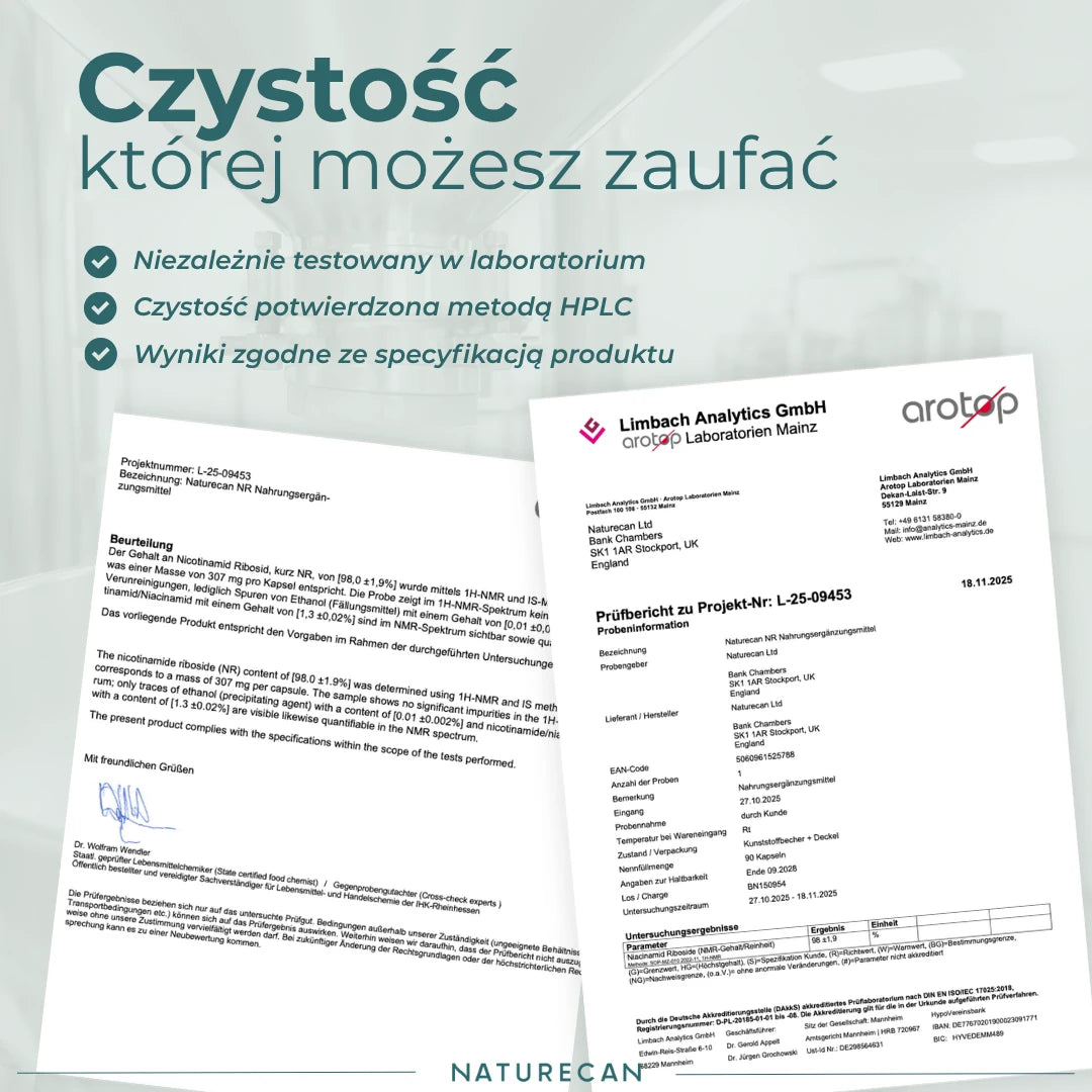 Suplement NR testowany laboratoryjnie – certyfikat analizy i kontrola czystości Naturecan