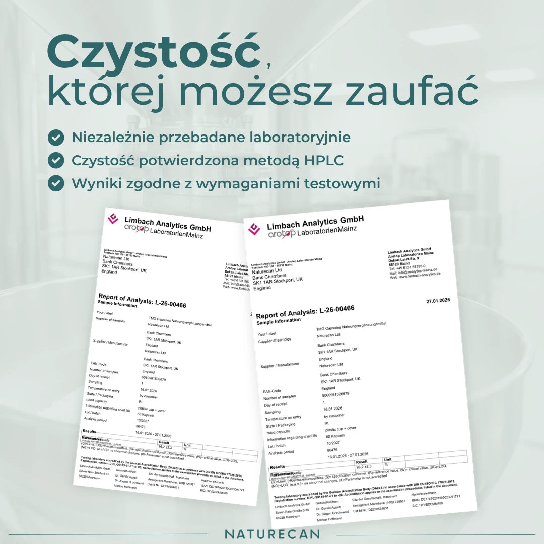 Infografika przedstawiająca certyfikaty analizy TMG Naturecan
