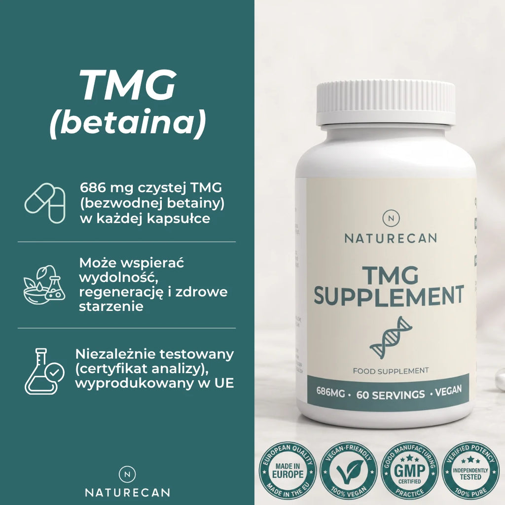Suplement TMG (betaina) Naturecan – opakowanie produktu i najważniejsze informacje o trimetyloglicynie.