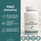 Suplement TMG (betaina) Naturecan – opakowanie produktu i najważniejsze informacje o trimetyloglicynie.