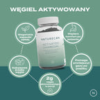 Infografika pokazująca cechy węgla aktywowanego w kapsułkach Naturecan - wegańskie kapsułki, kokosowe źródło węgla, 2 g węgla w porcji, pomagaj wspierać komfort po posiłku oraz zmniejszyć gazy.