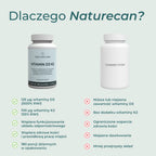 Porównanie suplementu Naturecan Vitamin D3/K2 z konkurencyjnymi produktami, uwzględniające wysoką dawkę witaminy D3, dodatek witaminy K2, wsparcie odporności, kości i mięśni oraz przejrzysty skład.