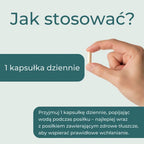 Infografika pokazująca sposób stosowania witaminy D3 K2 Naturecan – 1 kapsułka dziennie, najlepiej podczas posiłku zawierającego zdrowe tłuszcze dla lepszego wchłaniania.