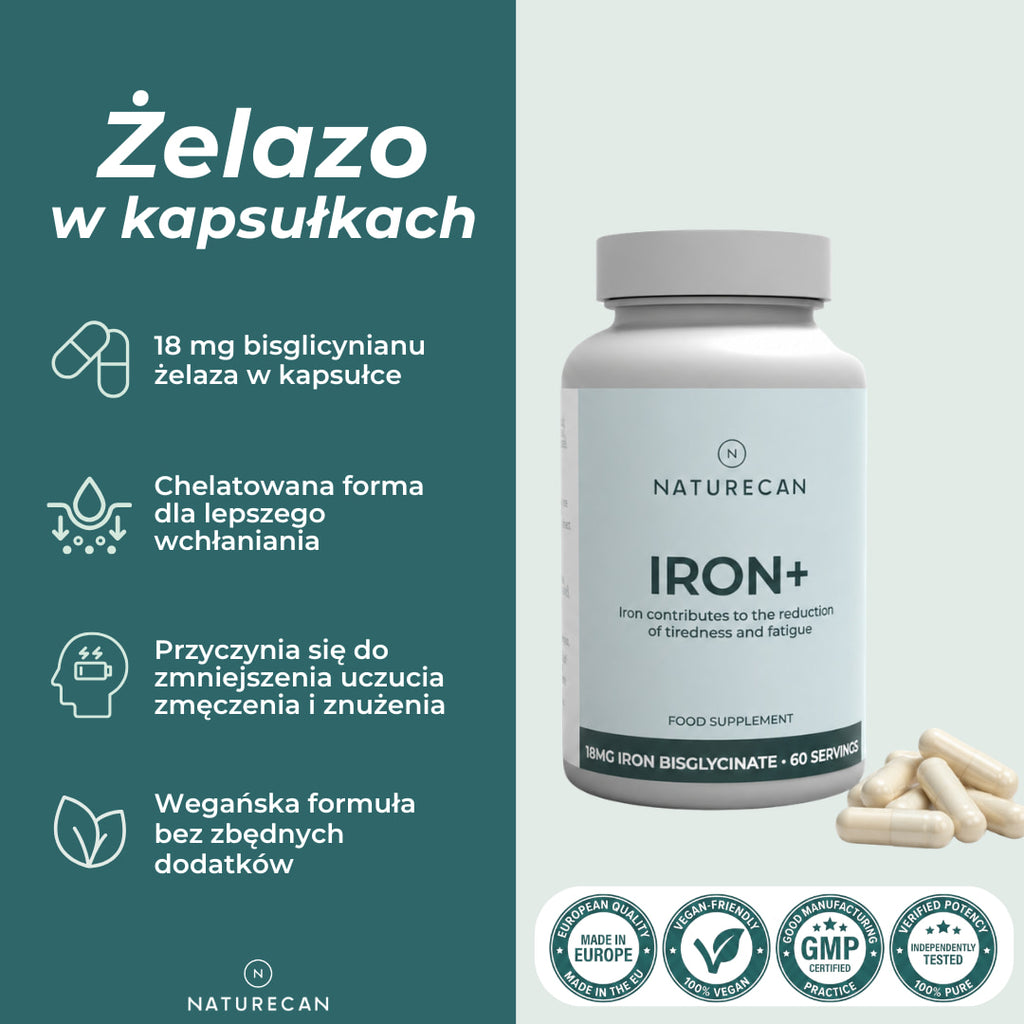 Żelazo w kapsułkach Naturecan z 18 mg bisglicynianu żelaza, chelatowaną formą i wegańską formułą bez zbędnych dodatków.